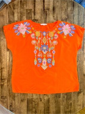 Solitaire Orange Embroidered Boho Top